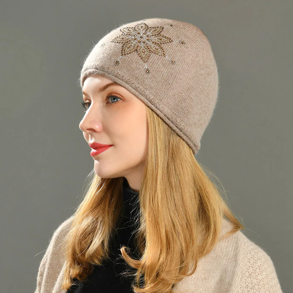 New Cashmere Beanie Hat Snowflake  Rhinestone Winter Cap For Woman Solid Color Warm Hat 2