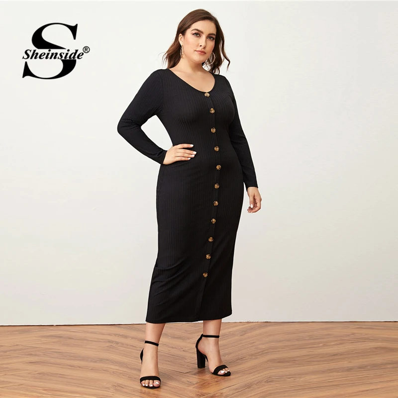 Cena Sheinside Plus Size głęboki dekolt w szpic sukienka ołówkowa kobiet 2019 jesień latarnia rękaw stałe sukienki midi pań Burgundy popędzający sukienka