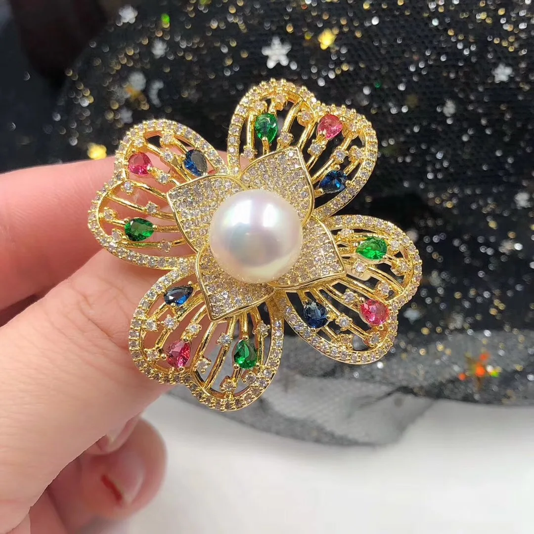 

DIY Accessory Mountings New Style Freshwater Pearls Flower-Shaped Micro Zircon Colorful Crystals Brooch Delicacy Elegant Elegant