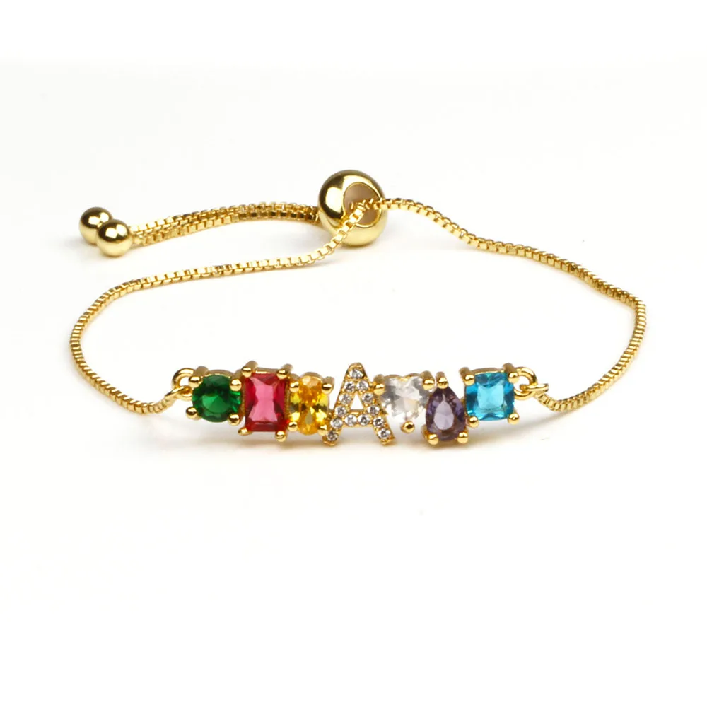 Hot Trendy Women Gold Color Bracelet New Rainbow Cubic Zircon A-Z Letter Initials For Women Charm Bracelet Jewelry Accessories