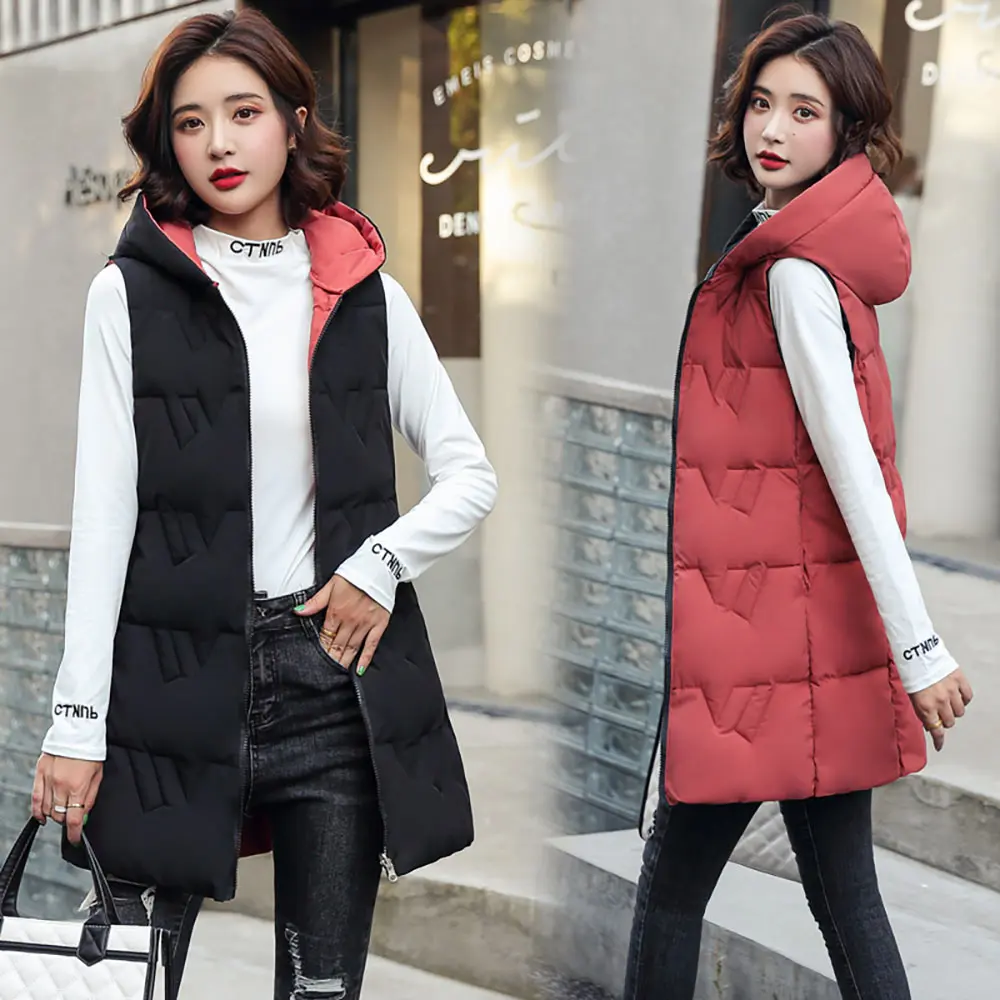 Two Sides Wear Long Vests for Women 2023 New Casual Autumn Zipper  Sleeveless Parkas Hooded Winter Women's Cold Coat - AliExpress