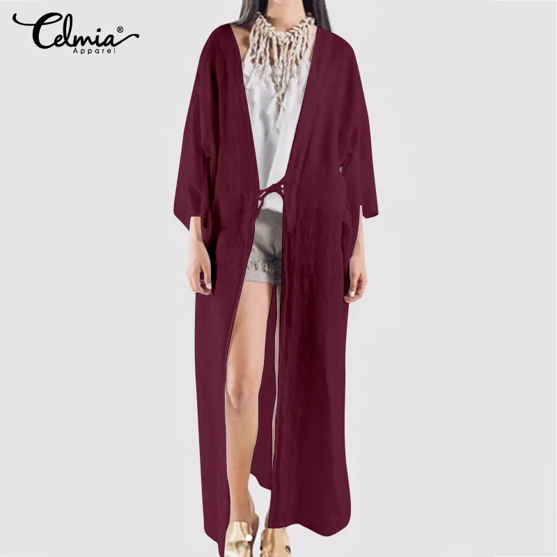 

Celmia Vintage Long Kimono Cardigans Women's Retro Cotton Linen Shirts Casual Loose Solid Long Sleeve Blouses Plus Size Tops 5XL