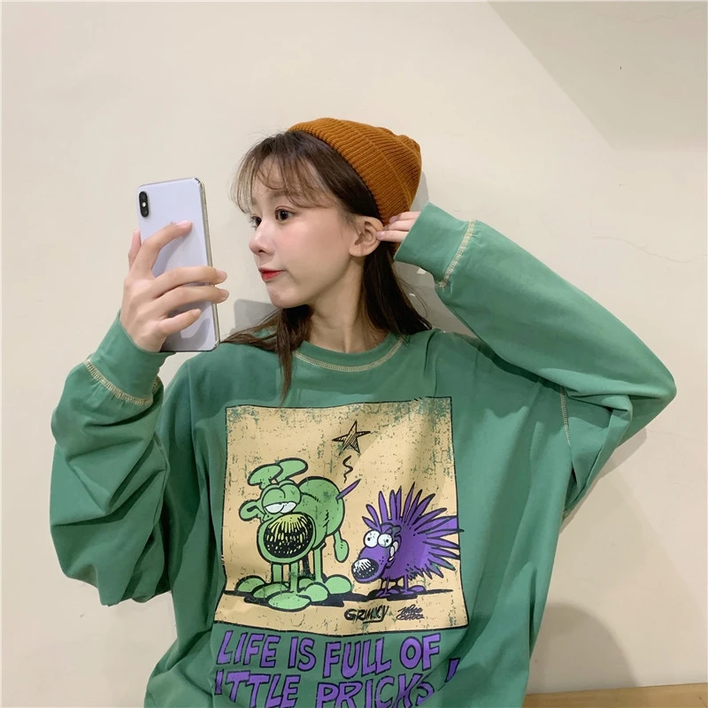 Топы женские осенние тонкие Harajuku забавные мультяшные свободные футболки с длинным рукавом модные свободные повседневные женские футболки с высоким воротом
