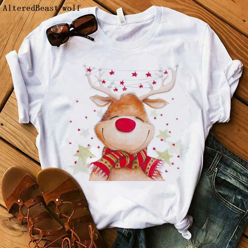 

Christmas reindeer Mom t shirt women fashion Christmas Harajuku Short Sleeve graphic t-shirt White Tshirt Tops clothing