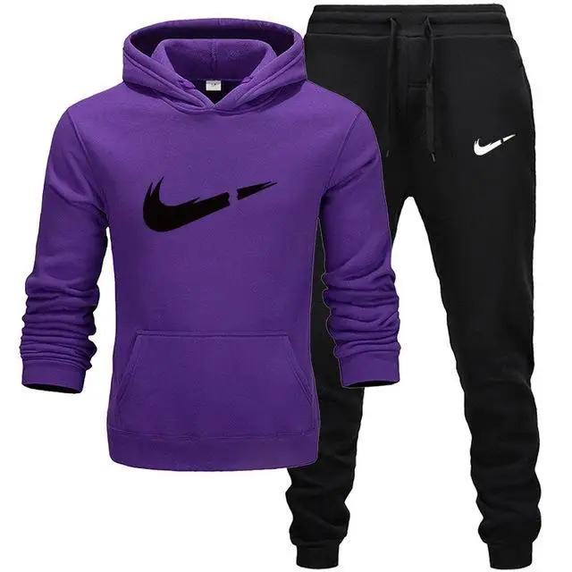 New Fashion Hoodies Men Sport suit Sweatshirt+Sweatpants Suits Casual Long Sleeve Pullover Hoodie clothing - Цвет: purple-black-HB