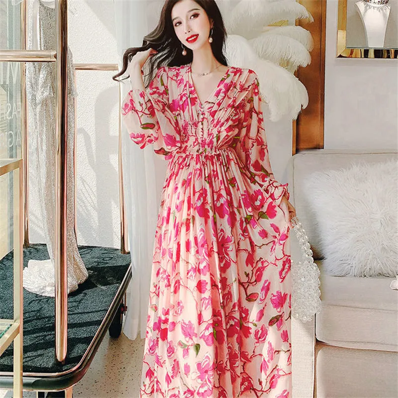 

Women Dress Summer V-Neck Long Sleeve Chiffon Floral Holiday Beach Long Dress Elegant Maxi Dress Boho Evening Night Party 2021