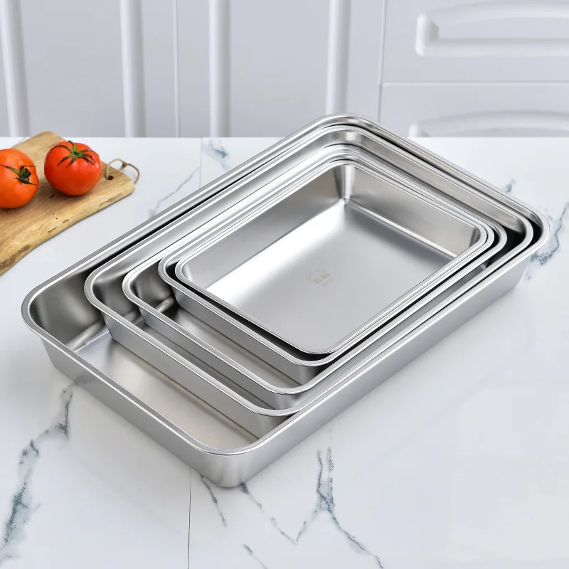 Durable 304 Stainless Steel Food Storage Tray Rectangle Pan Buffet Plates Cake Bread Bakeware Kitchen Organizer Dish 5