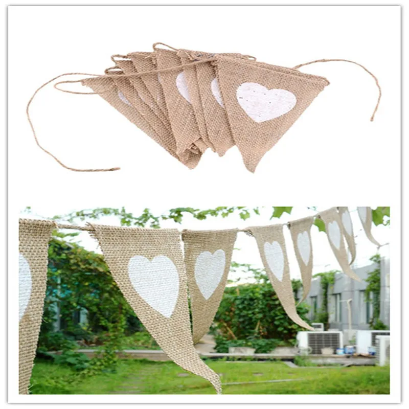 

12pcs/set Jute Rope Flax Triangular Birthday Party Linen Heart Pennant Flag Banner Wedding Home Decor event supplies Burlap