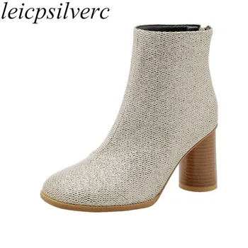 

Women's Boots Autumn Winter High Heel Warm Round Toe Zip Ankle Sequined Cloth 2019 Europe and America Sexy Fashion Pink Plush