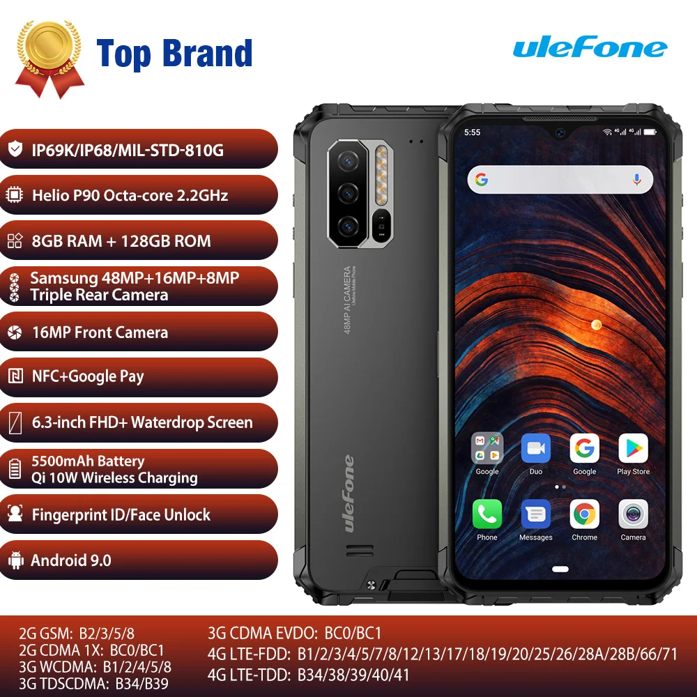  Ulefone Armor 7 Helio P90 Smartphone IP68 Octa Core 8GB+128GB Android 9.0 48MP 4G LTE Camera Rugged