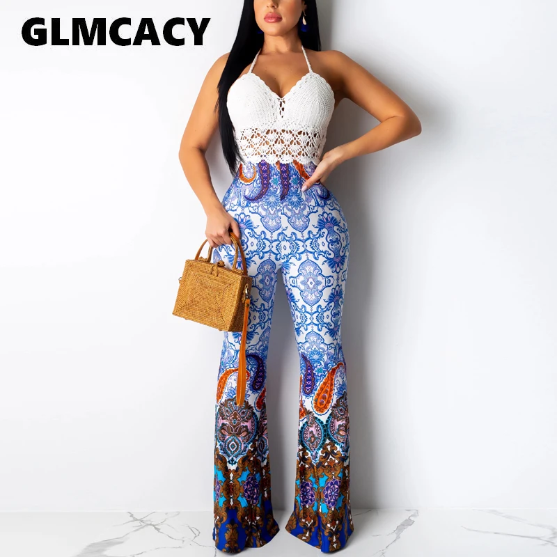 

Women Summer Fall Vintage Ethnic Print Flare Pants High Waist Full Length Pants Trousers Casual Pantalone Streetwear Femme