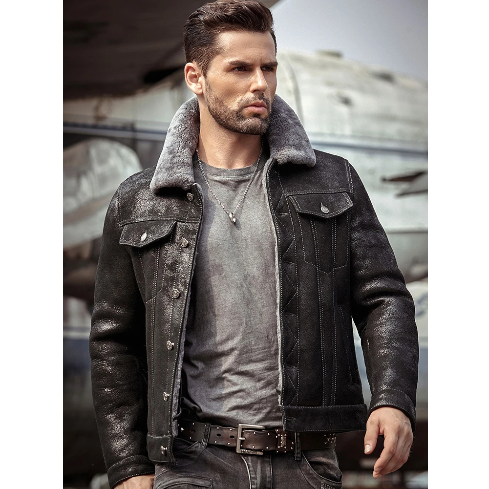Black denim sheepskin jacket Clearance