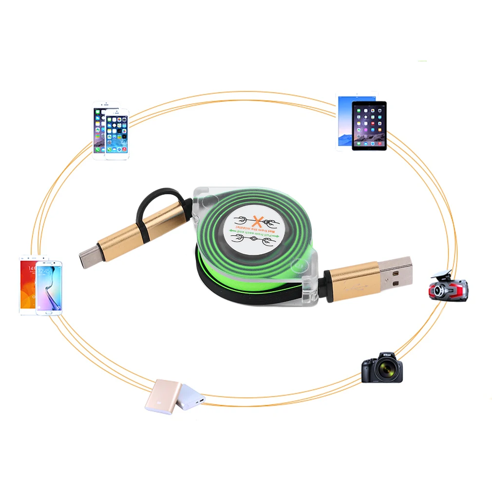 2 в 1 1 м USB кабель Android type-c интерфейсный кабель Телескопический яркий цвет зарядный кабель для передачи данных для huawei