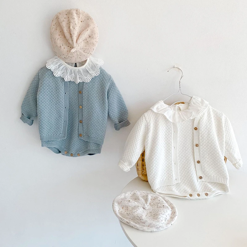 baby dress set for girl 2022 New Spring Newborn Baby Girl Clothes Pure color Cotton Knit Long Sleeve Sweater Coat Baby Romper Toddler Sets Clothing Baby Clothing Set medium