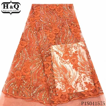 

H&Q orange french net lace fabric 2020 high quality embroidery nigerian tulle fabrics african sequins laces for garment sewing
