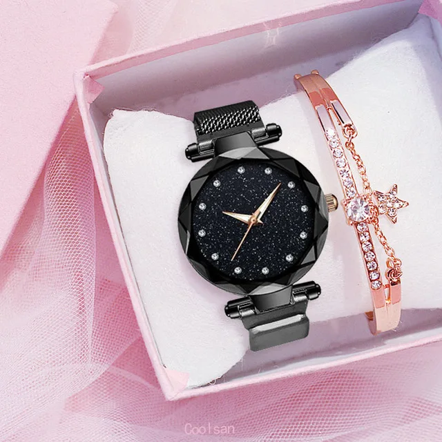 Роскошные женские часы модные элегантные магнитные пряжки Vibrato Фиолетовые женские наручные часы Звездное небо римские Кварцевые часы подарок - Цвет: black bracelet