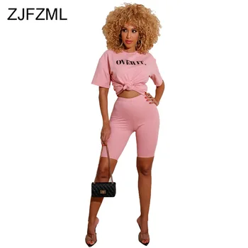 

Neon Yellow Pink Letter Print 2 Piece Matching Set Women's Costume O Neck Short Sleeve Slim Fit Top And Fitness Short Tracksuits