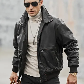 

Euro large leather jeans real men's seaside sleeve jacket zipper collar zipper pocket loose men's cotton lined coat