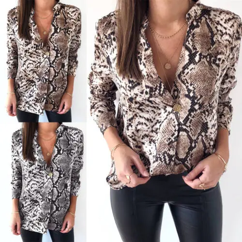 Womens Top Autumn New Women Snake Print Blouse Long Sleeves V Neck