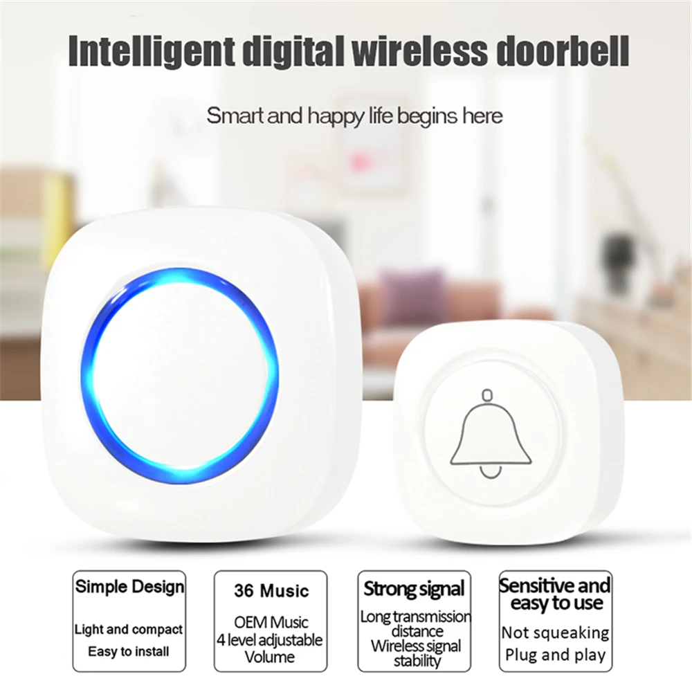 

Stylish Wireless Doorbell Waterproof White Door Bell Power Saving Battery Supply Smart Doorbell Ring with Transmitter US Plug