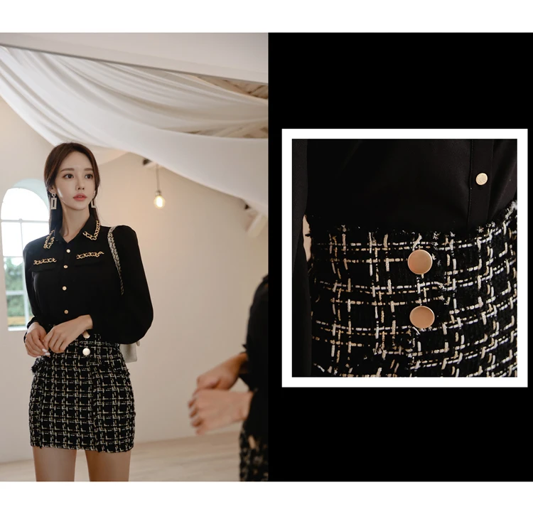 Весенняя женская шифоновая блузка с рукавом-фонариком+ твидовая клетчатая юбка-карандаш Короткая юбка комплект для офисных леди элегантный комплект из 2 предметов