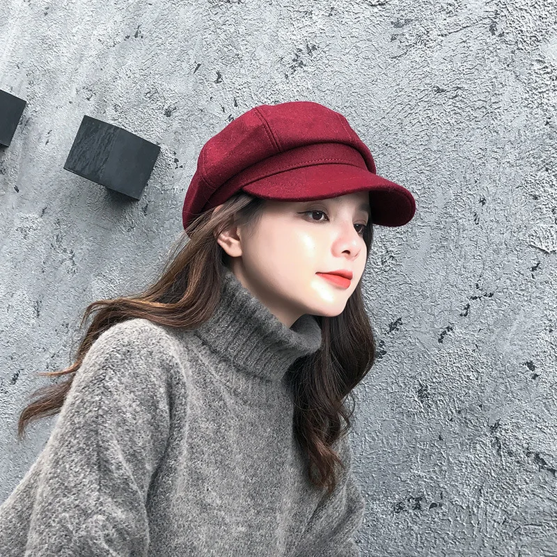Red OMEA, шерстяные фетровые козырьковые шляпы для женщин, Весенняя одноцветная восьмиугольная шляпа, короткий берет с козырьком, кепка в стиле ретро, газетная Кепка, стильные козырьки - Цвет: Red