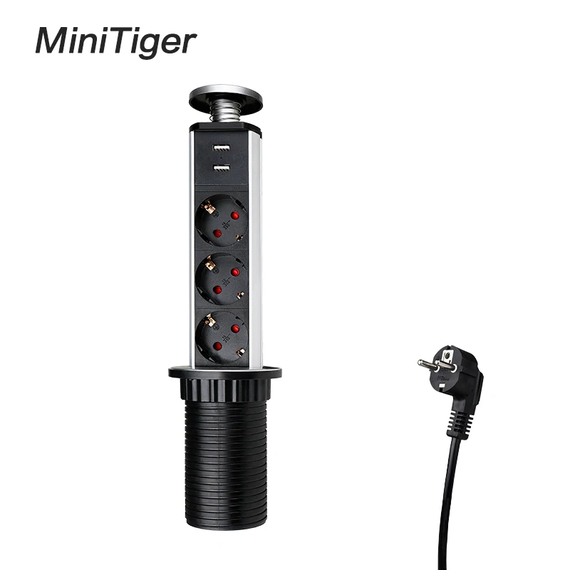 Minitiger 16A PULL POP UP 3 Power Socket 2 USB Charging Port Kitchen Table Desktop Sockets Retractable Countertops EU/FR Plug |
