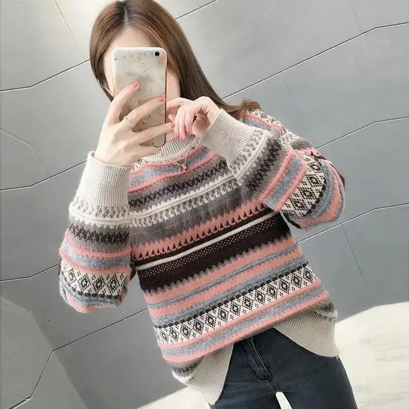

Half high neck thickened striped sweater bottoming shirt women wear autumn and winter 2021 new Korean loose sweater top