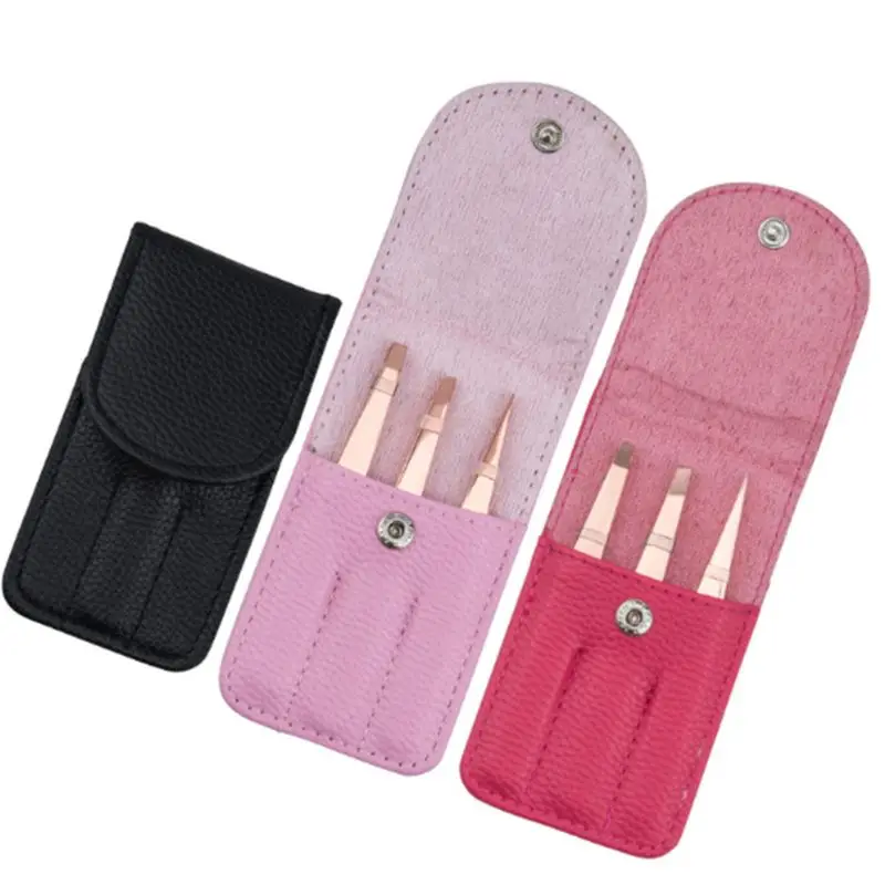 

3Pcs Eyebrow Tweezers Set Professional Stainless Steel Slant Flat Pointed Tip Kit Makeup Tools Nipper Kit Portable With Case