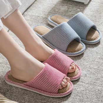 

Comfortable Unisex Bed Slippers Women Designer Home Indoor Casual Striped Cotton Fabric Light Slides Thick Flax Sole Peep Toe