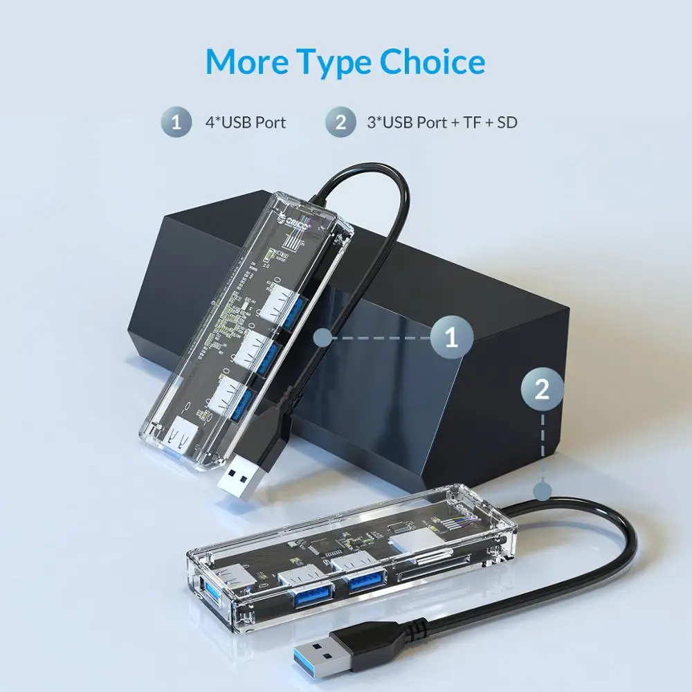 Концентратор ORICO Mini с 4 портами USB 3 0 прозрачный высокоскоростной считыватель карт