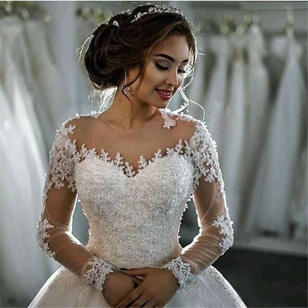 

Modern Ball Gown Wedding Dresses Women Marriage O Neck Long Sleeves Beads Appliques Vestidos De Novia White Bridal Dress 2023