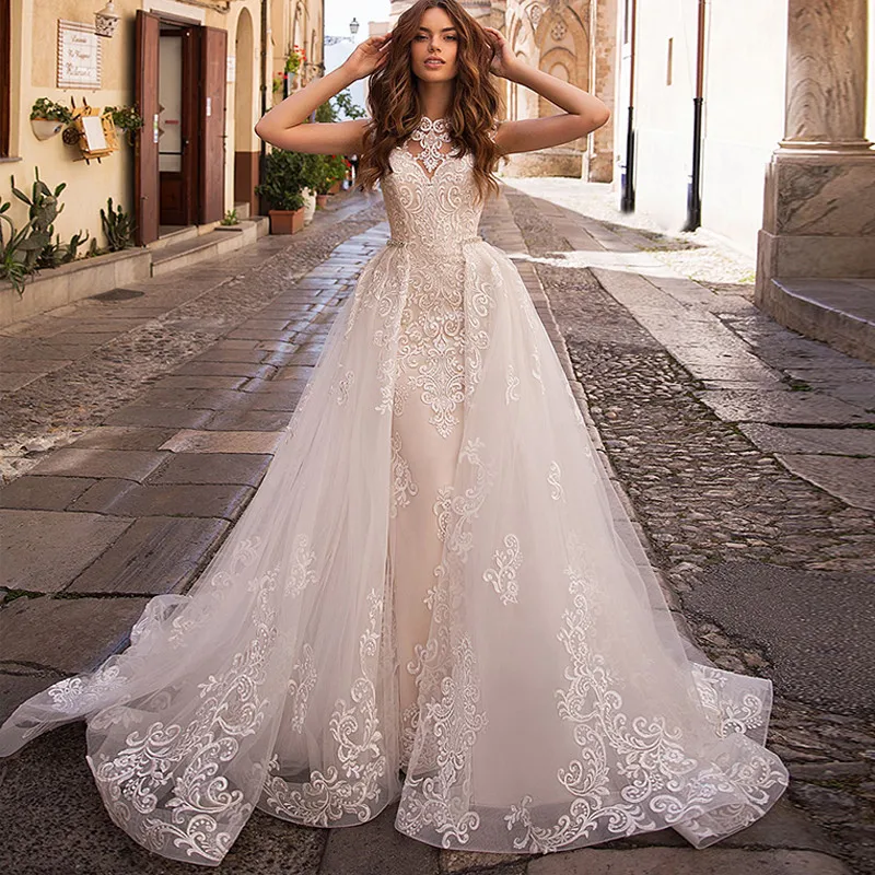 

High Neck Mermaid Wedding Dress 2 In 1 With Detachable Train Lace Appliques Custom Bridal Gowns Natural Waist Beauty Vestidos