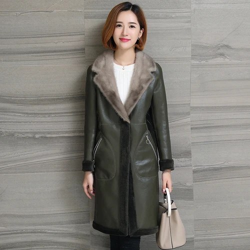 army green Куртка из натуральной кожи с воротником из меха норки, шерстяная куртка в Корейском стиле, винтажное пальто из овчины, осенне-зимнее пальто, женская одежда T3505 - Цвет: army green