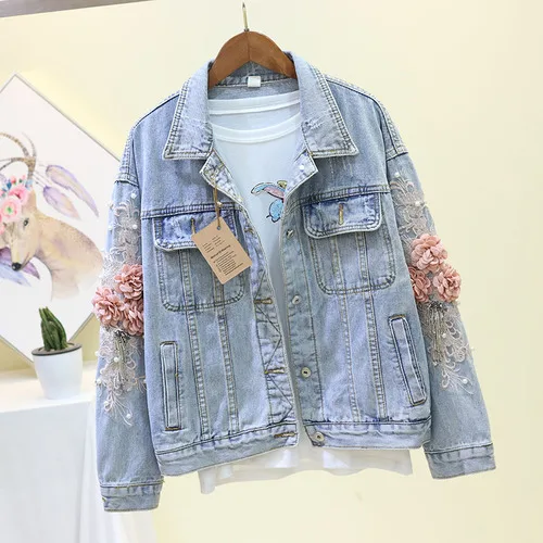 light blue Осенний Женский вышитый трехмерный цветочный короткий потертый джинсовый жакет с длинными рукавами светло-голубой женский джинсовый жакет 1833 - Цвет: light blue