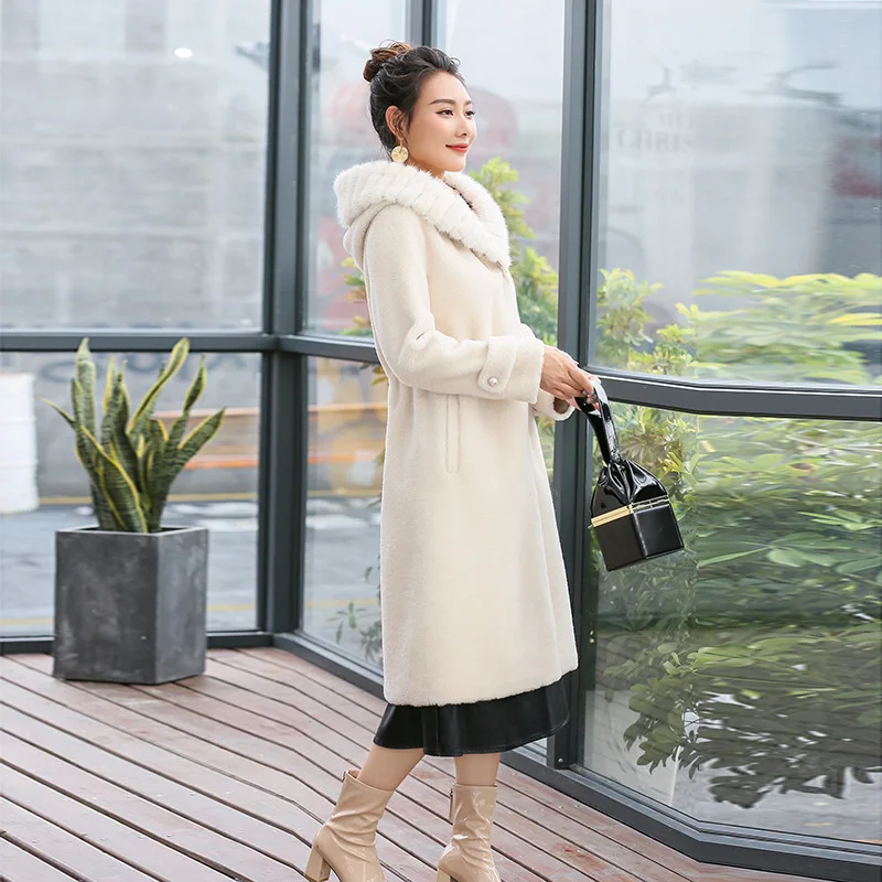 

Autumn Winter Real Women Sheep Shearing Wool Coat Female Jacket Mink Collar Hooded Korean Long Fur Coats 118 KJ2509