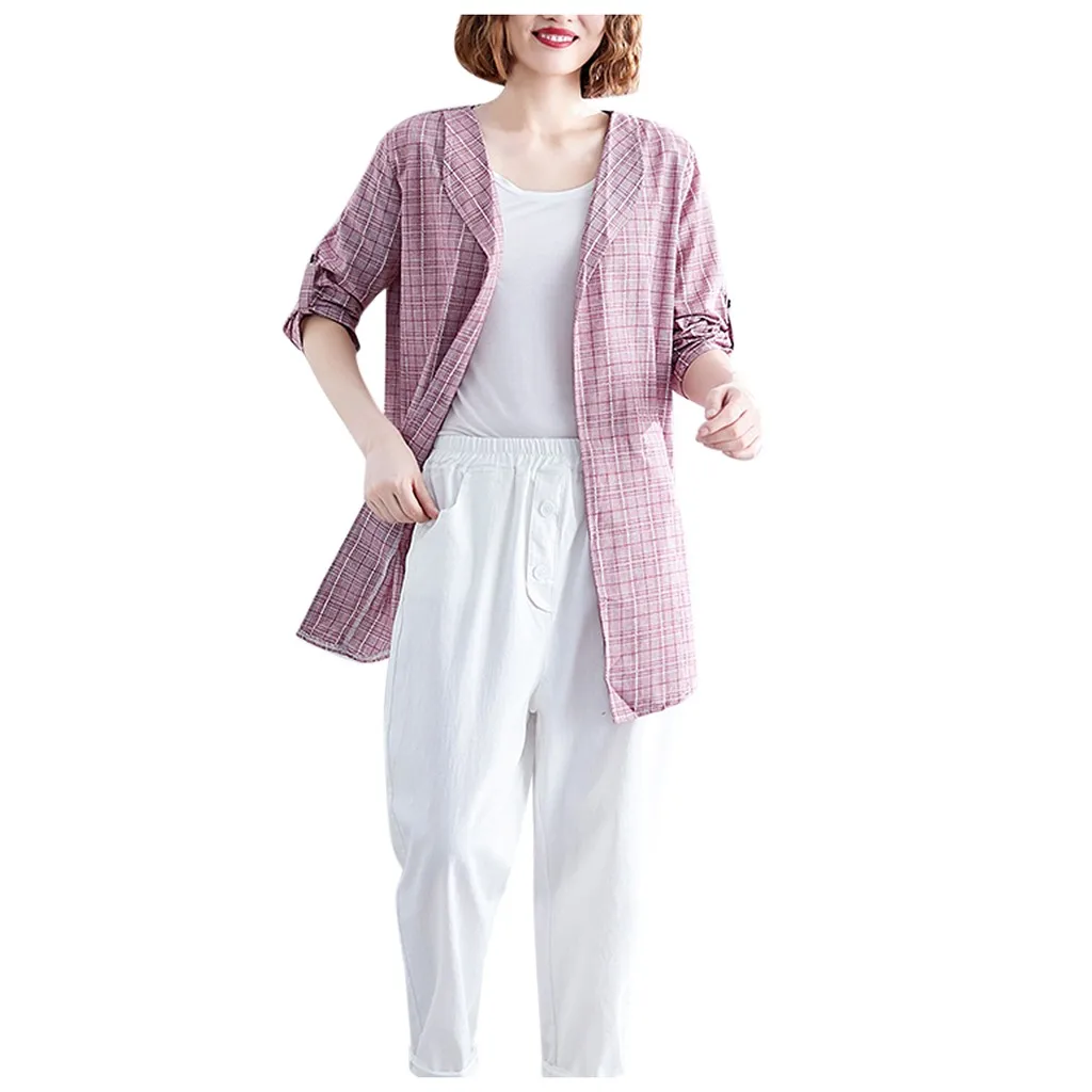 Розовый Vintage Cardigan Office Ladies Plaid Blazer Long Sleeve Loose Houndstooth Suit Coat Jacket Women blazers Female dropshipping 827 - Цвет: Розовый
