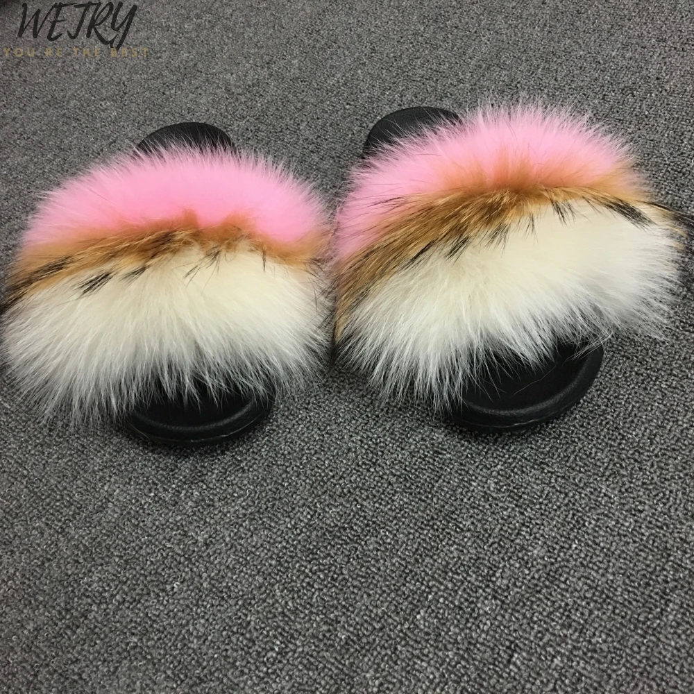 fox fur slides Женские летние тапочки; шлепанцы на плоской подошве с лисьим мехом; пляжные шлепанцы с натуральным мехом; шлепанцы пляжные сандалии; женские Плюшевые Пушистые шлепанцы - Цвет: fox fur slides