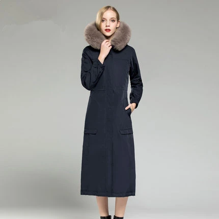 Long style Blue Настоящая меховая парка, зимняя куртка, Женская длинная куртка с натуральным кроличьим мехом, женские утепленные парки с воротником из лисьего меха, большие размеры - Цвет: Long style Blue