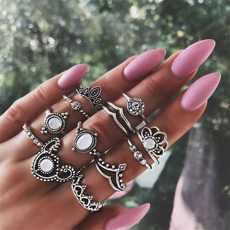 

FNIO 12 Pcs/set Bohemian Retro Opal Lotus Crystal Wave Silver Ring Set For Women Party Charm Jewelry Accessories