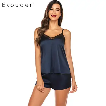 

Ekouaer Women Summer Pajama Sets Satin Sleepwear Lace Patchwork Sexy Spaghetti Strap Lingerie Pajamas Set Soft Homewear