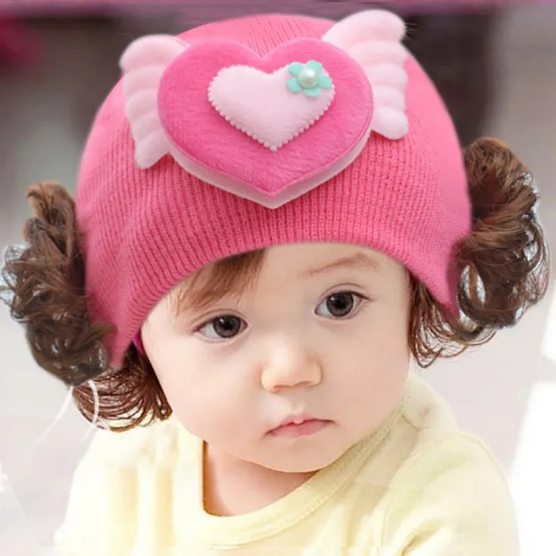 Милая детская шапка для младенцев, теплая вязаная шляпа, кепки для девочек, вязаная шляпа с бантом из мультфильма для девочек, поддельные волосы для париков шапок, детские головные уборы