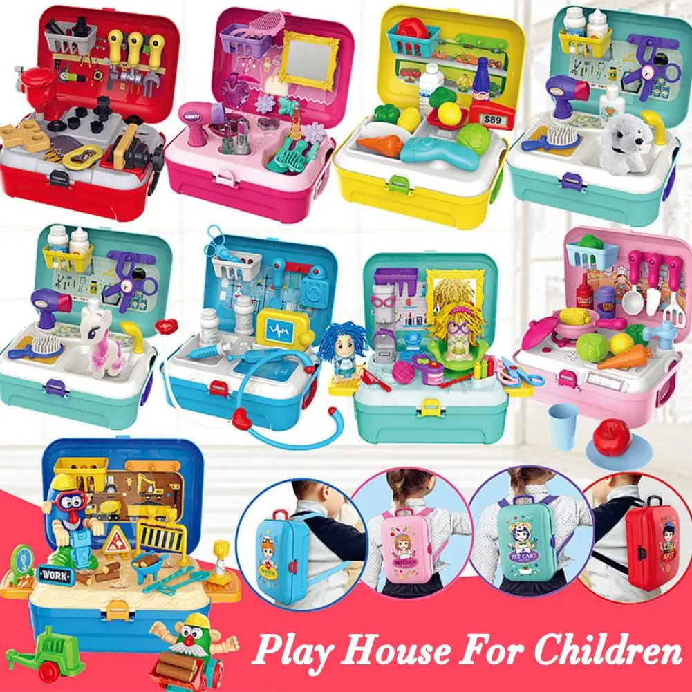 

Children's Simulated Kitchen Tablewares Cosmetics Color Mudes Tool Set Pet Doctor Playing House Backpack Box toys for children
