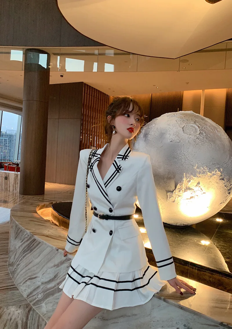 2 Piece Set Autumn Vintage Women Suit Sweet White Full Sleeve Suit Top and Pleated Skirt Office Two Piece Set Elegant Vestidos