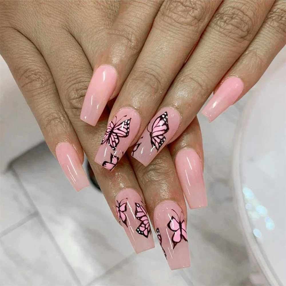 24pcs Set Coffin Fake Nails Middle Long Detachable Pink Butterfly Pattern Ballerina Nail Decal Art Full Tips Diy Press On Nail Aliexpress