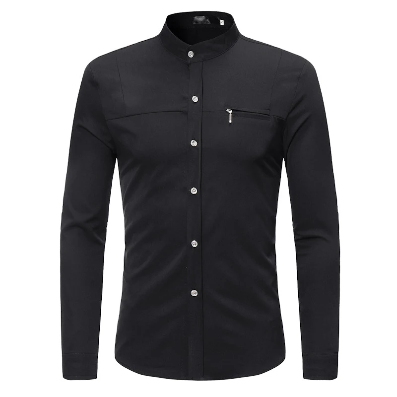 Male Autumn Shirt Long Sleeve Turn-down Collar Tops Fashion Zipper Boy Club Blusa High Quality Men Shirts Solid Color Party Wear