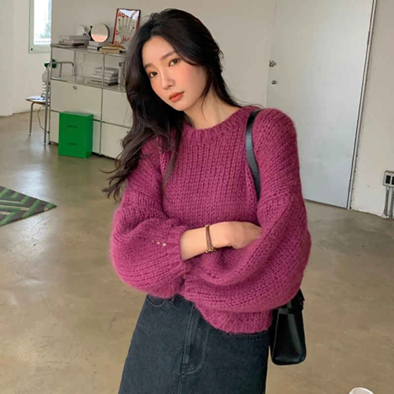

Autumn Winter Women Long Lantern Sleeve Knit Pull Sweaters Vintage Lady Elegant Pullover Sweater Korean Fashion Clothes 5 Colors