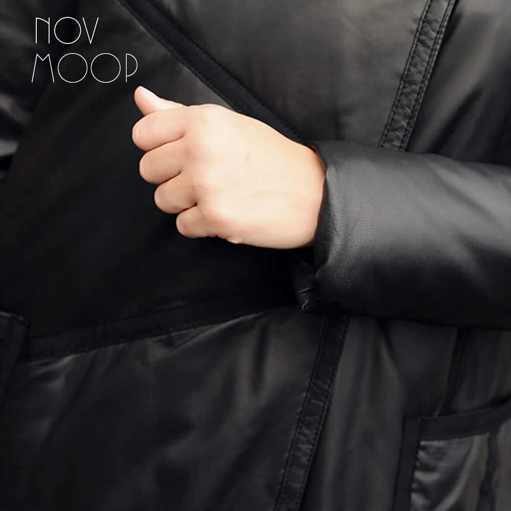 Novmoop high street women winter black hooded sheepskin genuine leather long down coat with button decor manteau femme LT2943