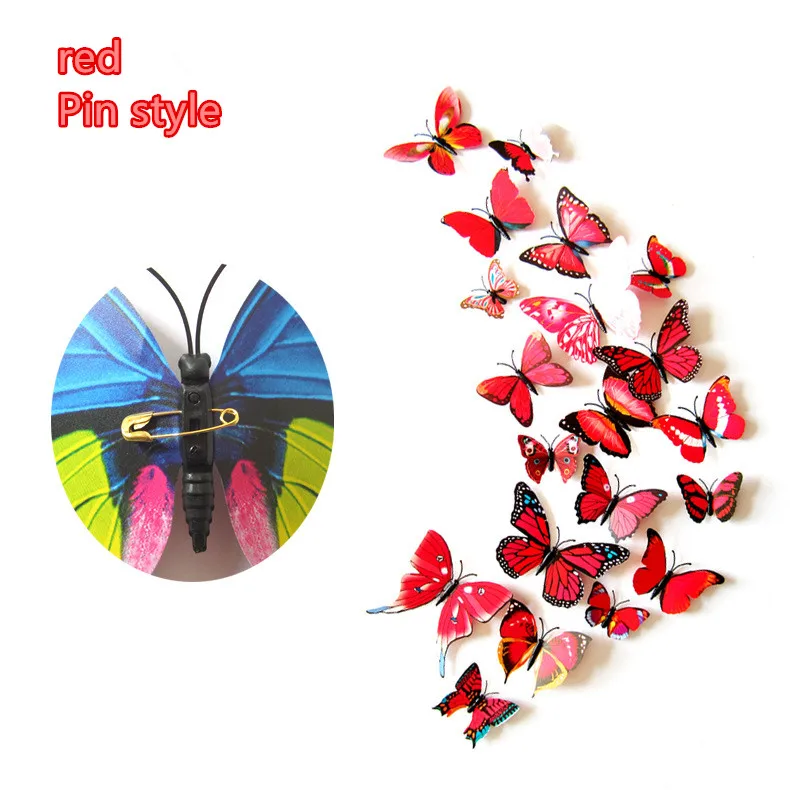 red Pin style 12 шт./компл. красивые 3D настенное украшение в виде бабочки Стикеры для декора стен и Украшения в спальню ПВХ бабочки для холодильника Стикеры Украшения в спальню - Цвет: red Pin style