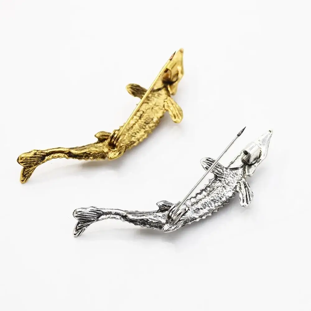 Винтажные золотые серебряные окаменелости Осетровые Броши для женщин Мужская прекрасная ретро брошь с рыбой шпильки металлический маленький значок костюм ювелирный подарок